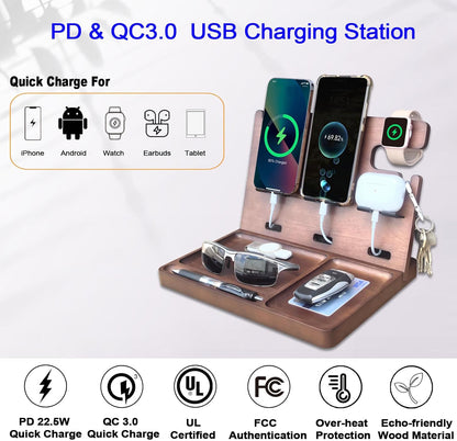 Wood Phone Docking Station with Drawer Nightstand Organizer for Men Dual Phone Charging Station for iPhone Samsung Google Desk Organizers Anniversary Birthday Gifts for Men Dad Him Husband
