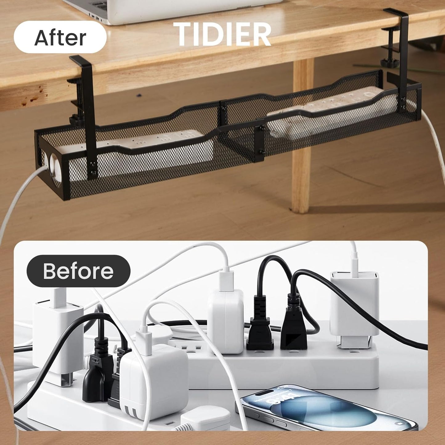 25'' Cable Management Under Desk No Drill，Metal Desk Organizer Suitable for Home desks or Standing desks ，Electrical Cord Management with Clamp