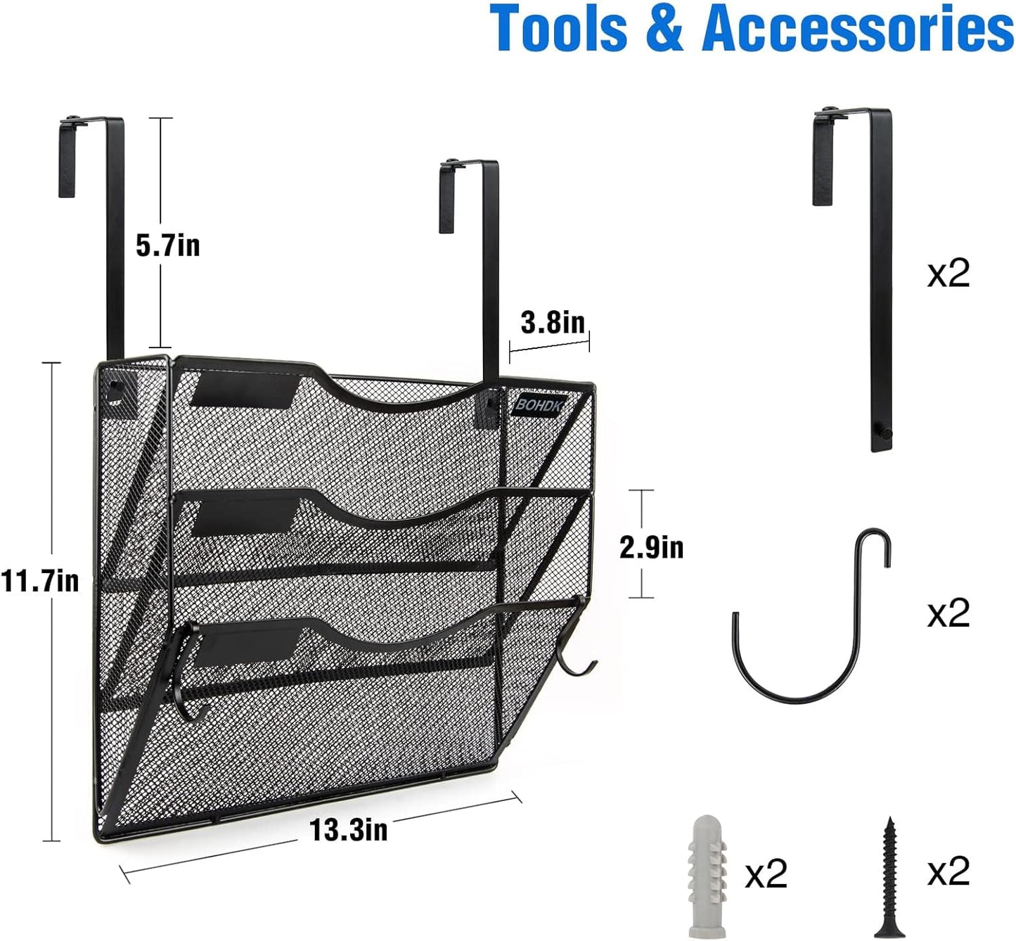 BOHDK Wall File Organizer, 6 Tier Hanging File Folder Mail Organizer, Vertical Mesh Metal Wall Mount Hanging File Holder, Paper Document Magazine Rack for Home Office Black