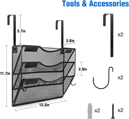 BOHDK Wall File Organizer, 6 Tier Hanging File Folder Mail Organizer, Vertical Mesh Metal Wall Mount Hanging File Holder, Paper Document Magazine Rack for Home Office Black