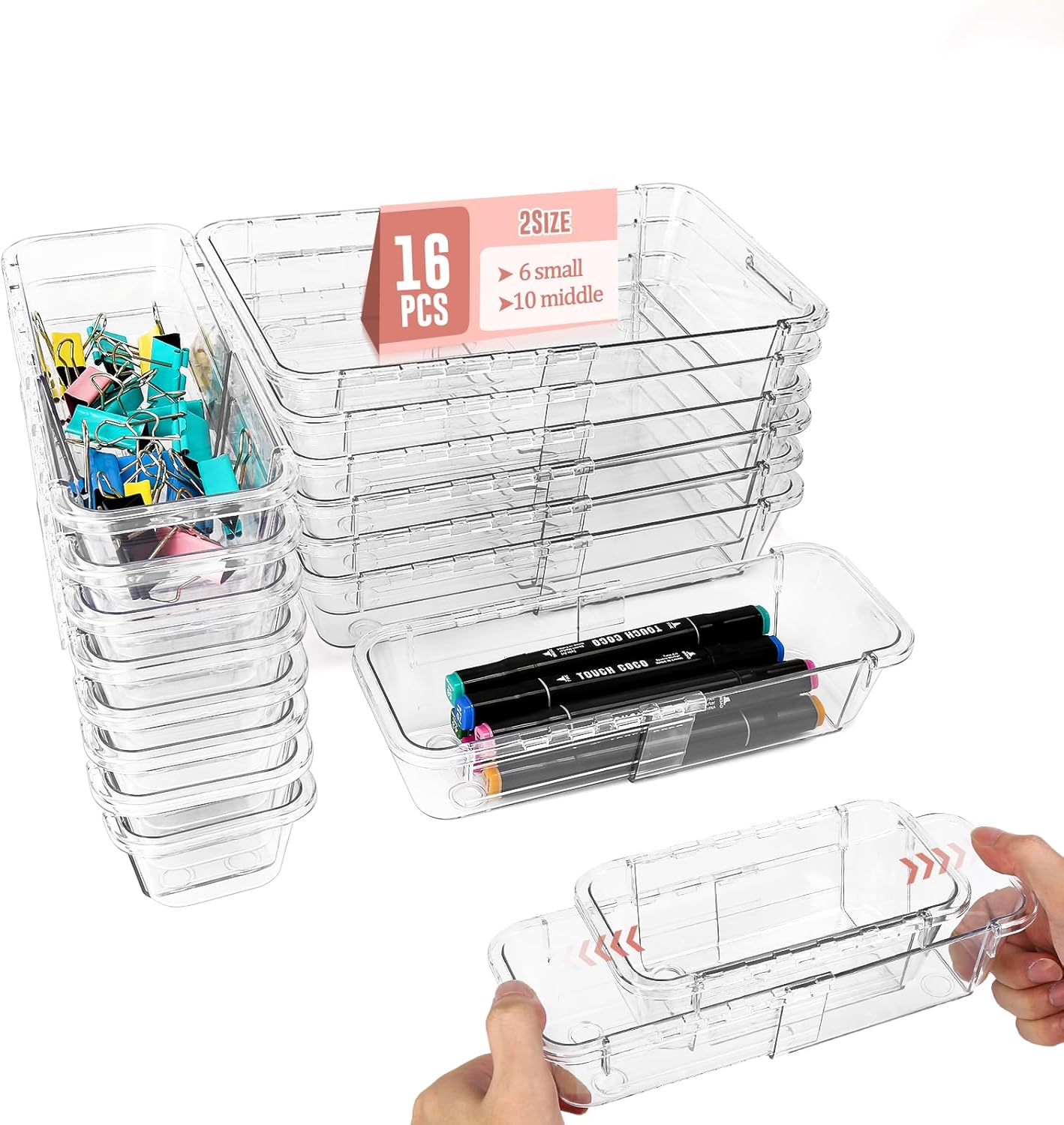 Yummy Sam 16PCS Expandable Drawer Organizers, 2-Size Clear Acrylic Storage Box, Expanding & Adjustable Drawer Organizer for Makeup, Vanity, Bathroom, Kitchen, Office
