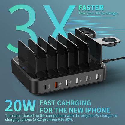 Charging Station for Multiple Devices,60W 6 Port Charger Station with 7 Mixed Charging Cables,USB Charging Dock,Compatible with Cellphone,Tablet, Kindle, iPhone iPad and More (White)
