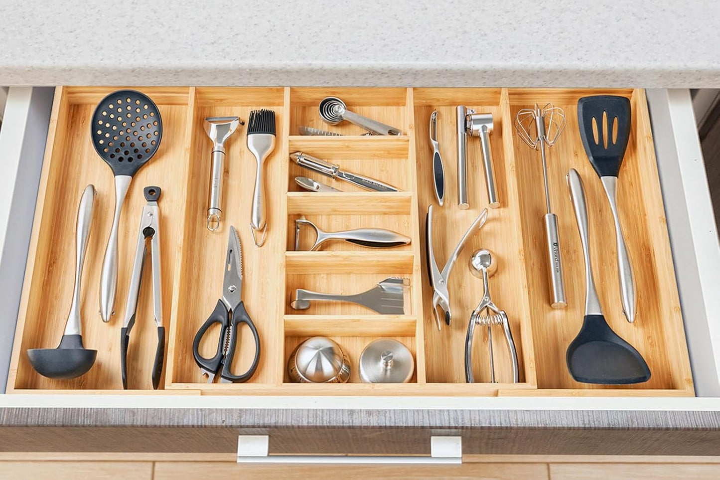 Umilife Expandable Kitchen Drawer Organizer, 2.5" High Bamboo Utensils Silverware Tray, Adjustable Large Deep Wood Organization Holder