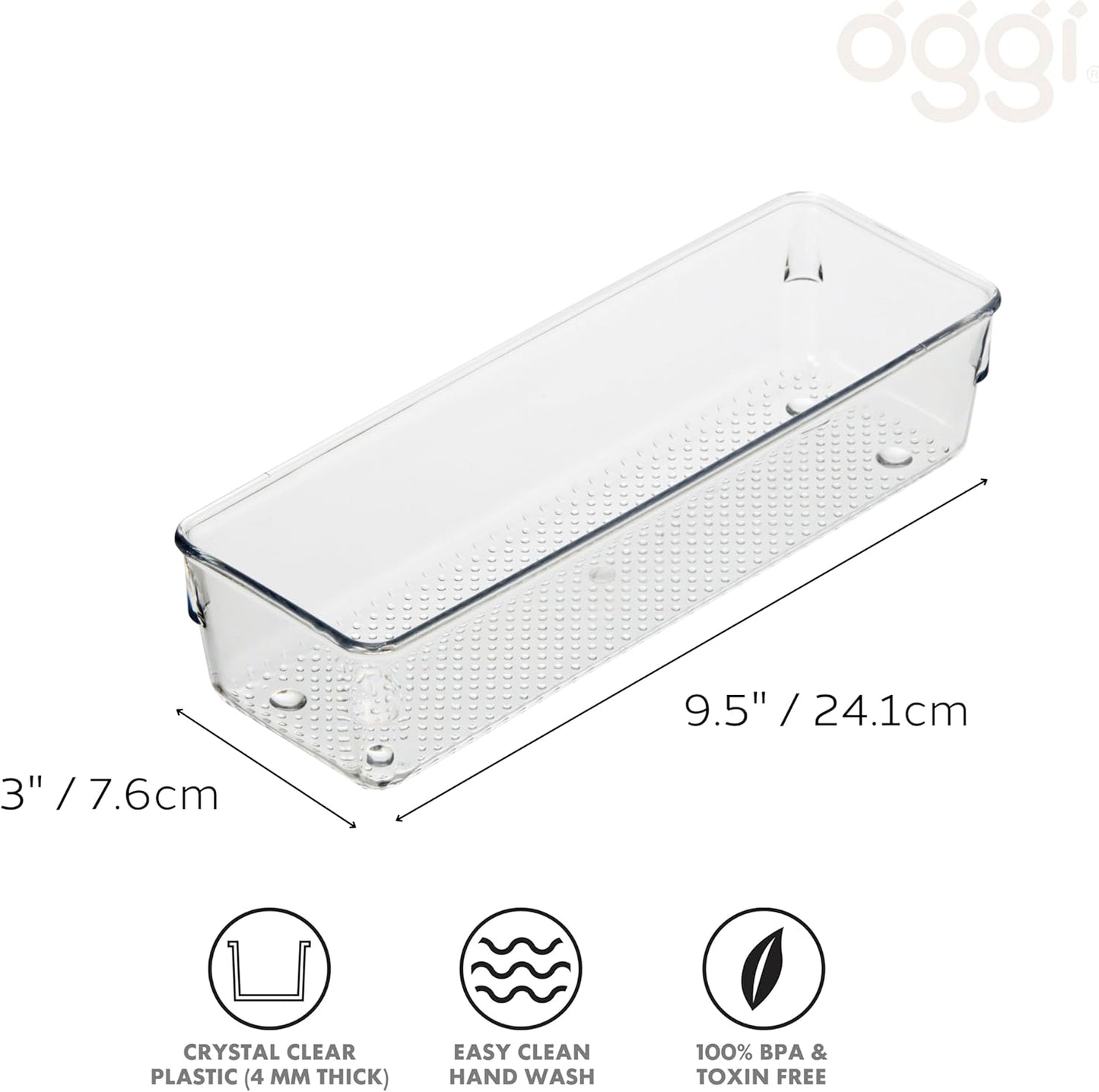 Oggi Set of 5 Clear Drawer Organizers - (1) 3x6.25, (2) 3x9.5, (2) 3x12.5 - Ideal for Organizing Kitchen Drawers, Office, Desk, Silverware, Kitchen Utensils, Cosmetics and Bathrooms