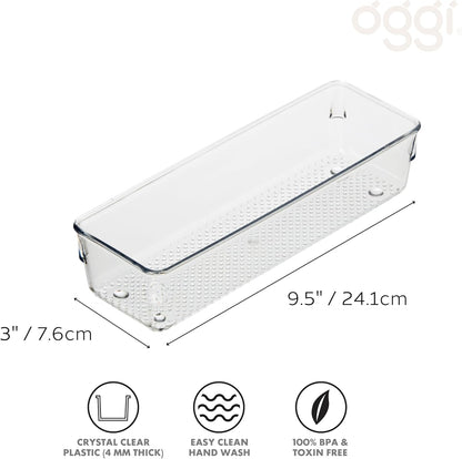 Oggi Set of 5 Clear Drawer Organizers - (1) 3x6.25, (2) 3x9.5, (2) 3x12.5 - Ideal for Organizing Kitchen Drawers, Office, Desk, Silverware, Kitchen Utensils, Cosmetics and Bathrooms