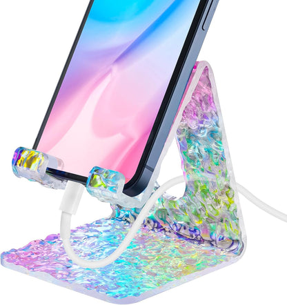 Tomorotec Iridescent Acrylic Cell Phone Stand, Portable Phone Holder for Desk Non-Slip Desktop Smartphones Holder Compatible with iPhone Samsung Galaxy Pixel Phone Cradle Dock Home Office