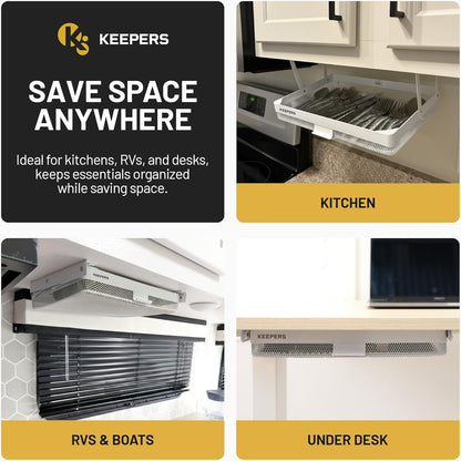 KEEPERS - Under Desk Drawer Slide Out – Metal Under Desk Storage Drawer for Office, Home, RV, Kitchen – Slim Under Table Attachment with Easy DIY Mount - Under Desk Organizer - Fits in 11x10x2In