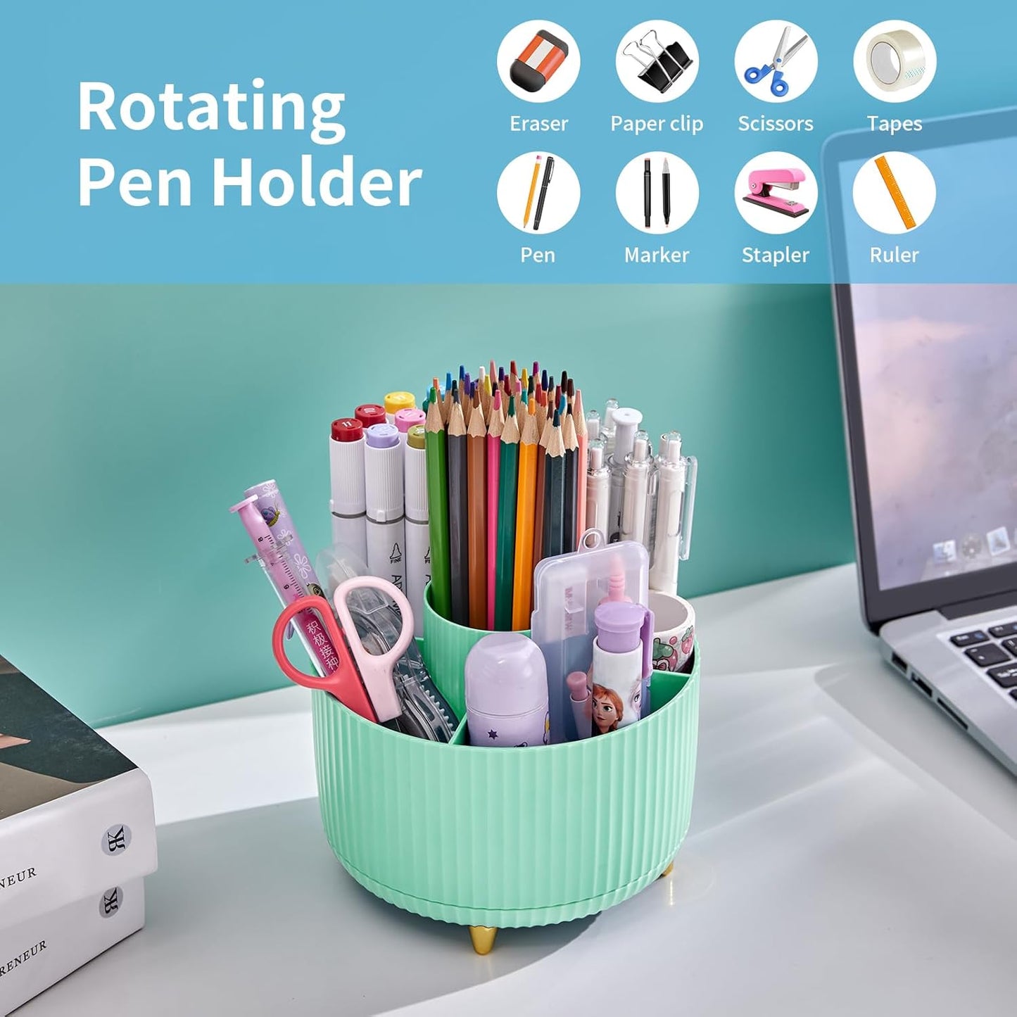 Marbrasse Desk Organizer, 360-Degree Rotating Pen Holder, Desk Organizers and Accessories with 5 Compartments Pencil Holder, Art Supply Storage Box Caddy for Office, Home（White）