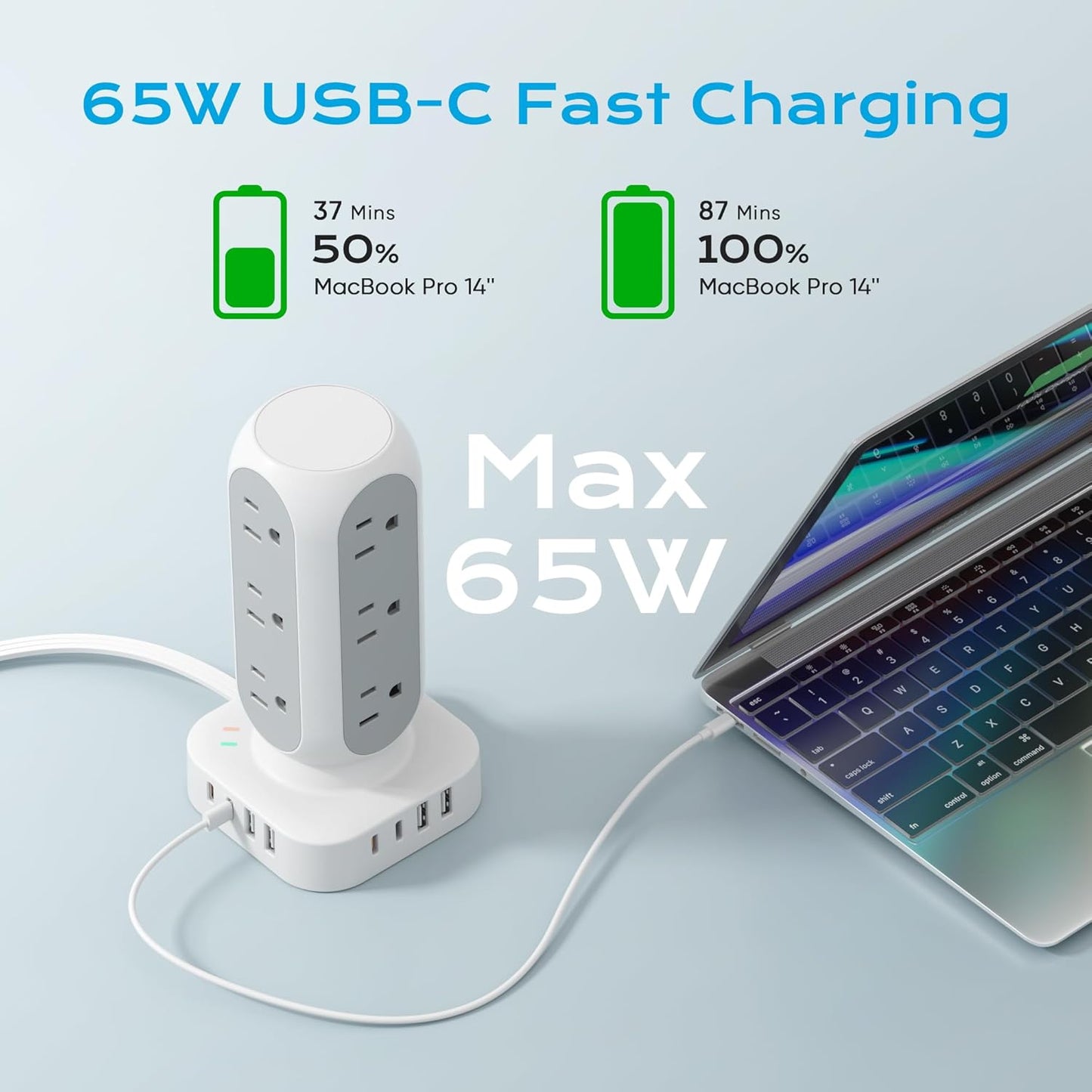 Flat Plug Power Strip Tower 10FT, 40W Total Fast Charging Station, Dual PD 20W USB-C Surge Protector with 12 AC Outlets and 8 USB Ports (4 USB C), Long Extension Cord for Home Office Dorm Room