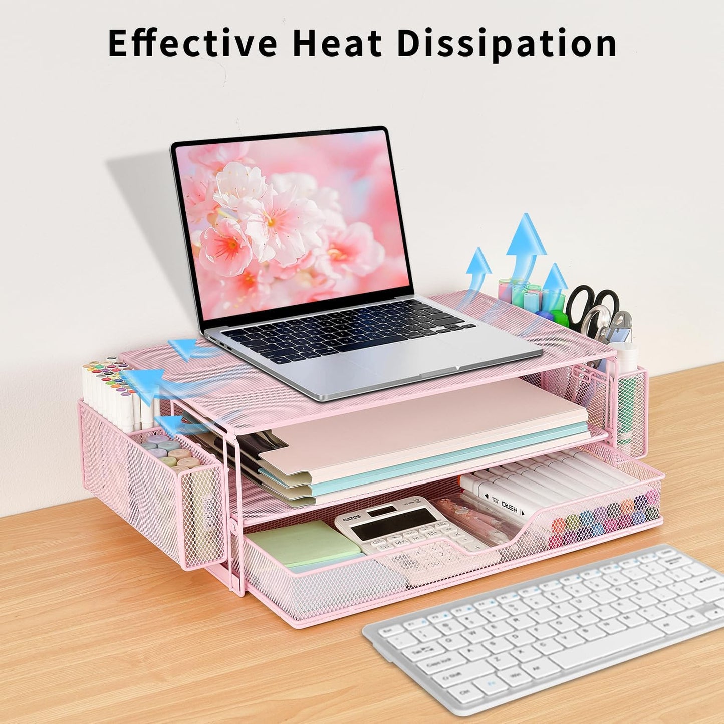 AUPSEN Wood Desk Organizers and Accessories, 2-Tier Computer Monitor Stand Riser with Drawer, Pen Storage & Phone Holder, Office Desk Accessories, Workspace Desktop Organization for Office Supplies（Brown）