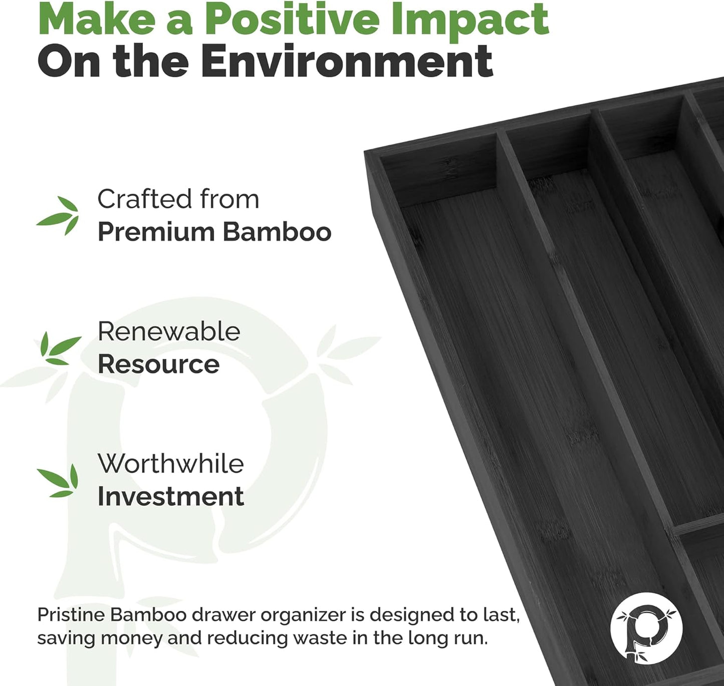 Pristine Bamboo Expandable Drawer Organizers for Kitchen - Extra Deep Non-Slip 17” x 14.6” (expands up to 25 inches) - Dark Wooden Silverware Divider (10 Compartments) – Organize Cooking Utensils
