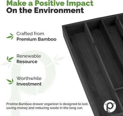 Pristine Bamboo Expandable Drawer Organizers for Kitchen - Extra Deep Non-Slip 17” x 14.6” (expands up to 25 inches) - Dark Wooden Silverware Divider (10 Compartments) – Organize Cooking Utensils