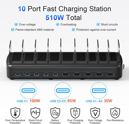 510W Fast Charging Station for Multiple Devices, 10 Port USB C Charger Station with Flame-Retardant Material & 8 Cables for iPhone, Android, iPad, Tablets, Family Office Desk Charging Dock Organizer