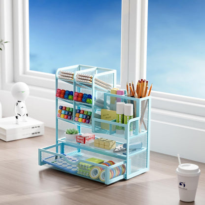 Marbrasse Mesh Pen Holder for Desk, Multi-Functional Pencil Organizer with Drawer, Desk Organizers and Accessories for Office Art Supplies (Black)