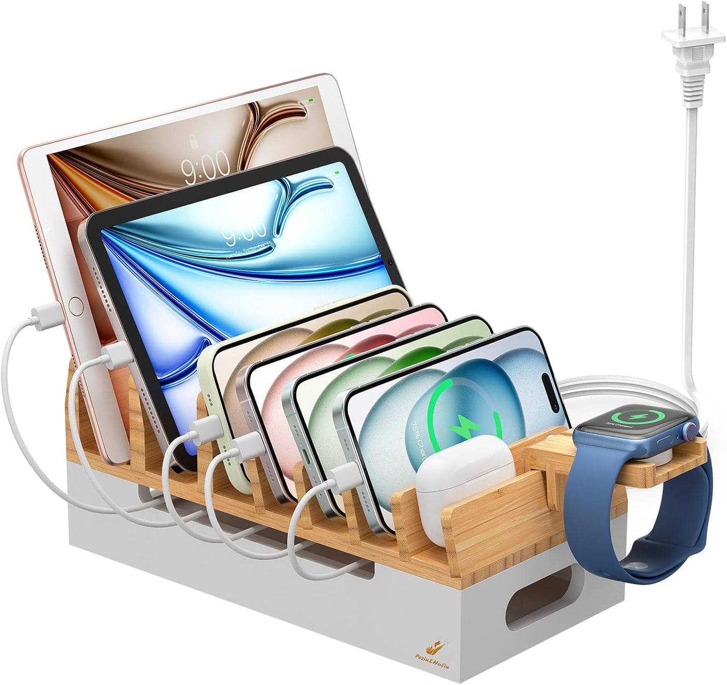 Pezin & Hulin Bamboo Charging Station with Watch Stand, Docking Holder for Multi Device with 5 Port USB Charger HUB, 5 Charge Cables, Desktop Electronic Organizer for Cellphone, Tablet, Watch