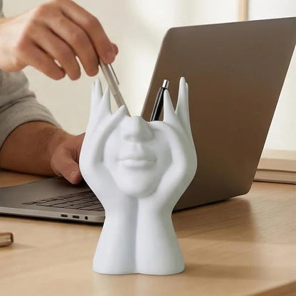 Abstract Human Body Art Face-Holding Sculpture | Home Decor/Makeup Brush Organizer + Office Desk Pen Holder | Multi-Use Gift for Family, Coworkers & Loved Ones