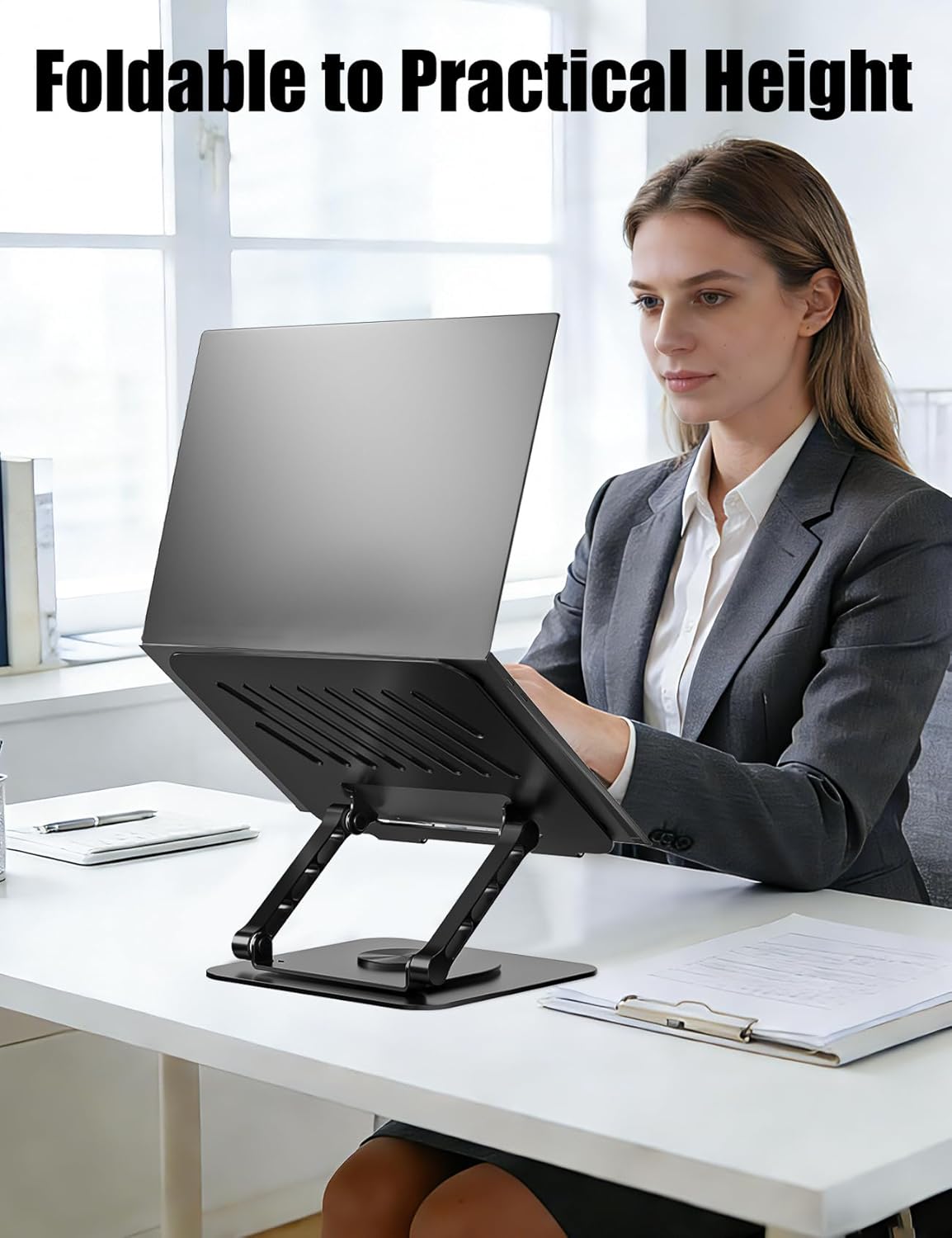 Adjustable Computer Stand with 360 Rotating Base, Ergonimic Foldable Laptop Riser for Desk Compatible with MacBook Pro/Air Notebook up to 16 Inches, Silver