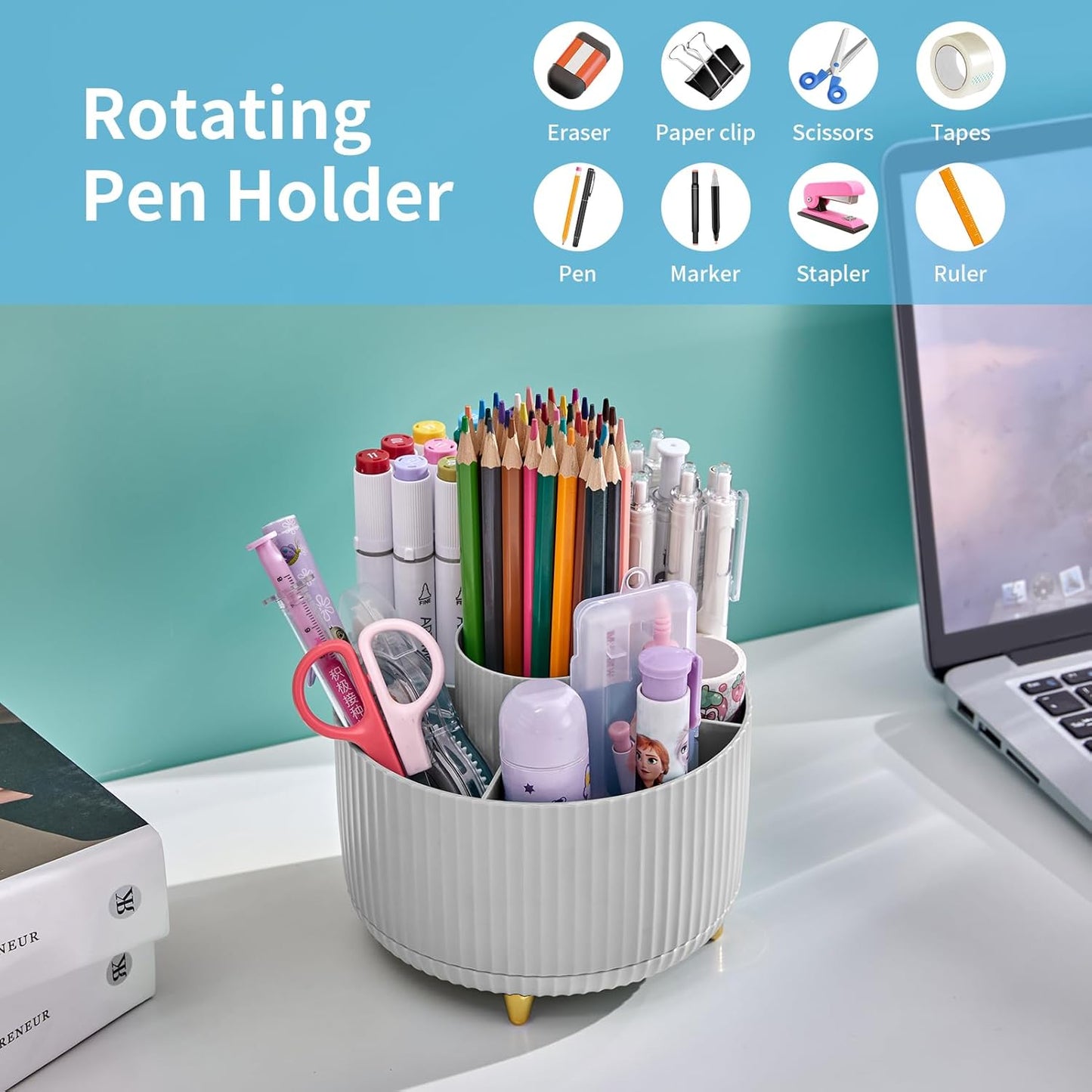 Marbrasse Desk Organizer, 360-Degree Rotating Pen Holder, Desk Organizers and Accessories with 5 Compartments Pencil Holder, Art Supply Storage Box Caddy for Office, Home（White）