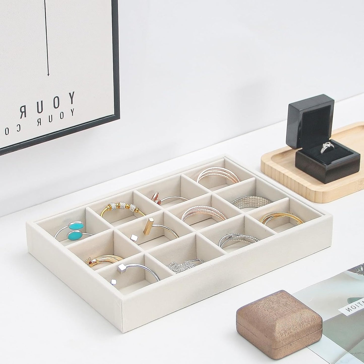 Bedside Organizer - Multi-use Nightstand & Desk-top Catchall Tray for Jewelry, Sunglasses, Phone, Watch, Perfume, Lipstick (Beige 3Grid)