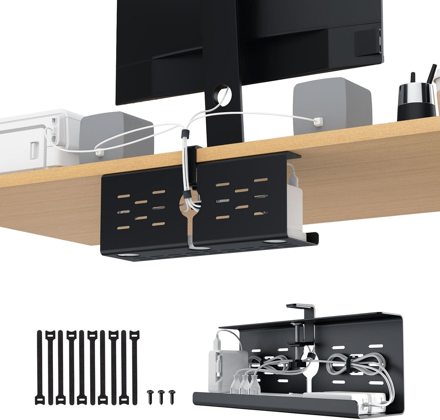 KEEGH 16" Under Desk Cable Management Tray, 2 Pack Desk Cord Organizer Upgrade Capacity, No Drill Clamp/Screws Mount, Cord Management Tray for Home Office, Gaming Desk, Standing Desk, Black