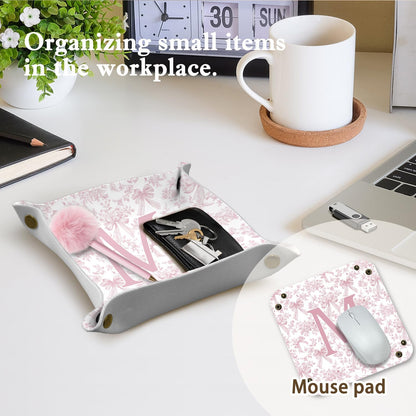 Gifts for Mom Initial Valet Tray,Pink Personalized Gifts for Women Mom Grandma Girlfriend,Nightstand Desk Accessories PU Leather Tray Organizer for Birthday Christmas Gift Ideas (B)