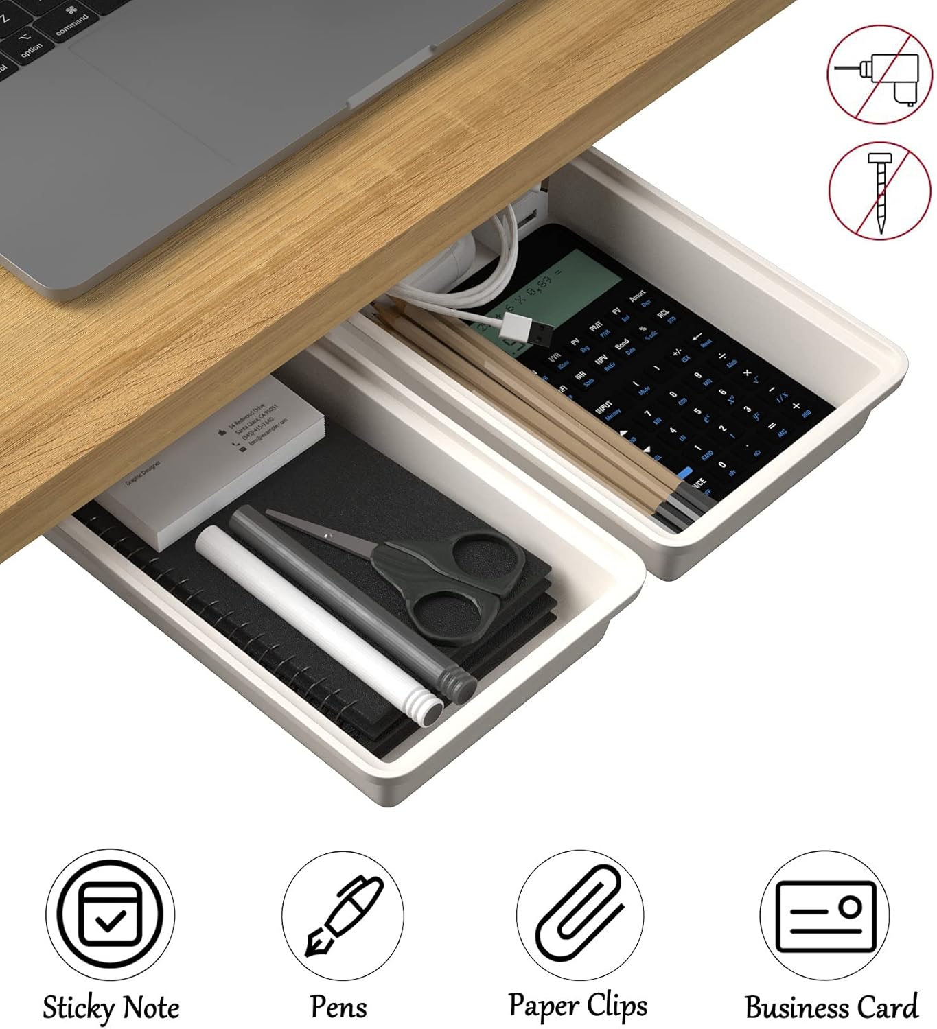 SVNNELP Large Under Desk Table Drawer Storage Organizer A4, Hidden Self-Adhesive Under Desk Pencil Tray Drawer for Office (Clear Black/L)