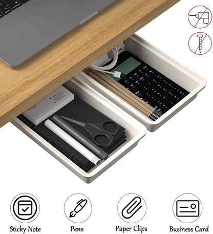 SVNNELP Large Under Desk Table Drawer Storage Organizer A4, Hidden Self-Adhesive Under Desk Pencil Tray Drawer for Office (Clear Black/L)