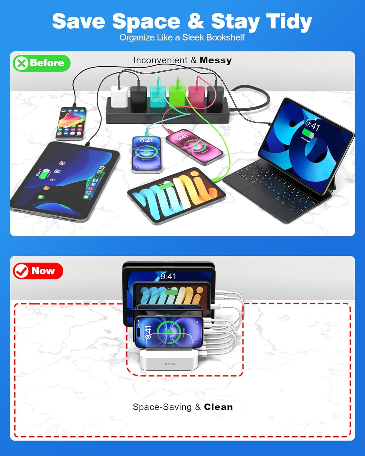 MSTJRY Charging Station for Multiple Devices : 6 Port USB Charger Stations - Family Multi-Device Organizer Charging Dock - Designed for iPhone iPad Android Cell Phone Tablet and Electronic, Black