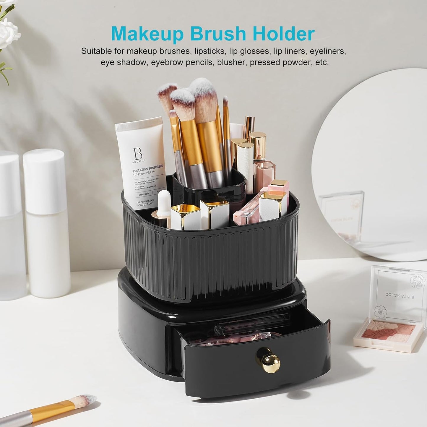 Desk Pencil Pen Holder, 5 Slots 360 Degree Rotating Pencil Pen Organizers for Desk Desktop Storage Stationery Supplies Organizer Cute Pen Cup for Office School Home Art Supply Cream Yellow