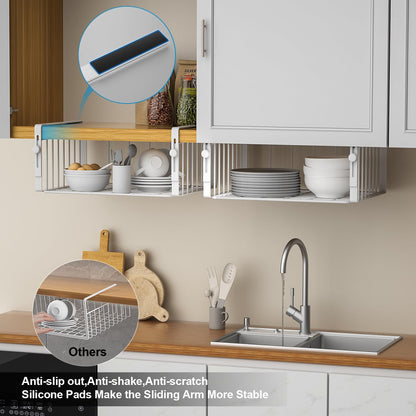 AmonHouseware 2Pack Under Shelf Basket Organizer,Adjustable Hanging Holder Storage for Cabinet Pantry Kitchen Cupboard Desk Counter Bookshelf Organization Add-on Space Saver Heavy Duty Slide-in,Black