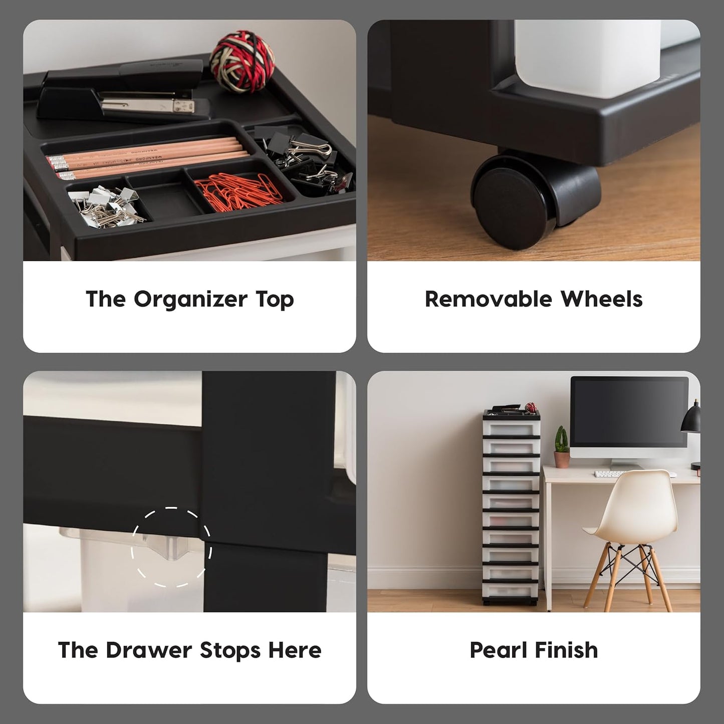 IRIS USA Plastic Drawer Storage Organizer Rolling Cart, with Wheels Casters, 4-Drawers, for Classroom Art Craft Supplies Dresser Closet Bathroom Laundry Room, Black/Pearl