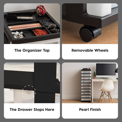 IRIS USA Plastic Drawer Storage Organizer Rolling Cart, with Wheels Casters, 4-Drawers, for Classroom Art Craft Supplies Dresser Closet Bathroom Laundry Room, Black/Pearl