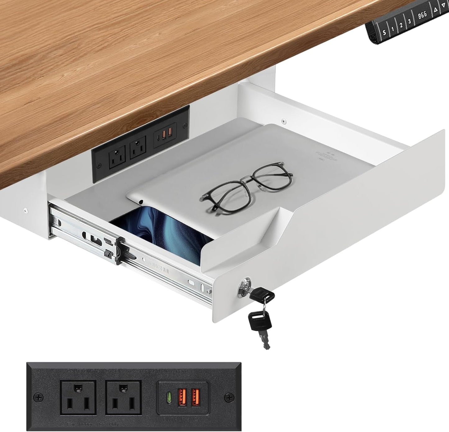 Under Desk Drawer Storage with Lock, Metal Undermount Table Drawer, Ball Bearing Slides Out Tray Organizer for Paper, Pencil, and Laptop 16"x11.8"x3.6", White