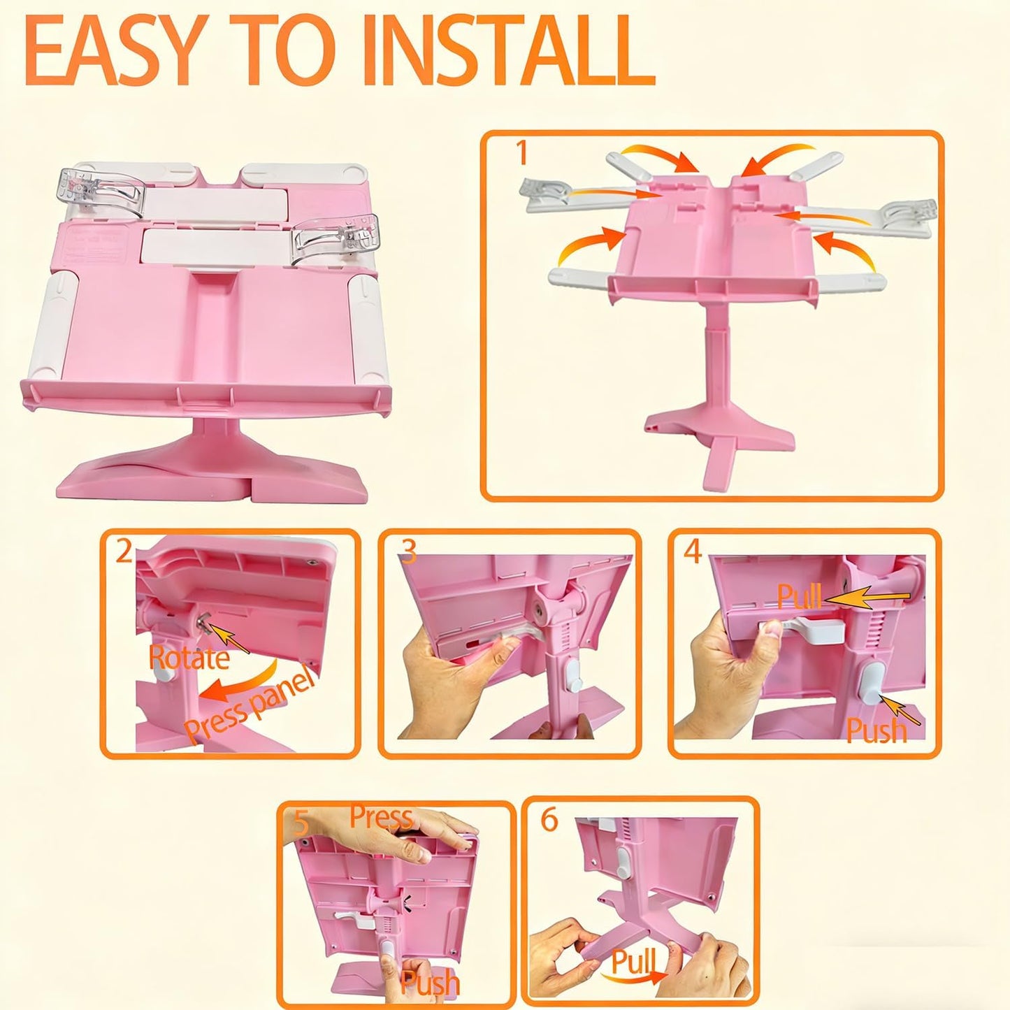 Book Stand for Desk, Kids Book Stand Adjustable Shelf Thick Base Foldable Riser Holder, Portable Desktop with Elastic Page Clips Gift for Children (Pink)