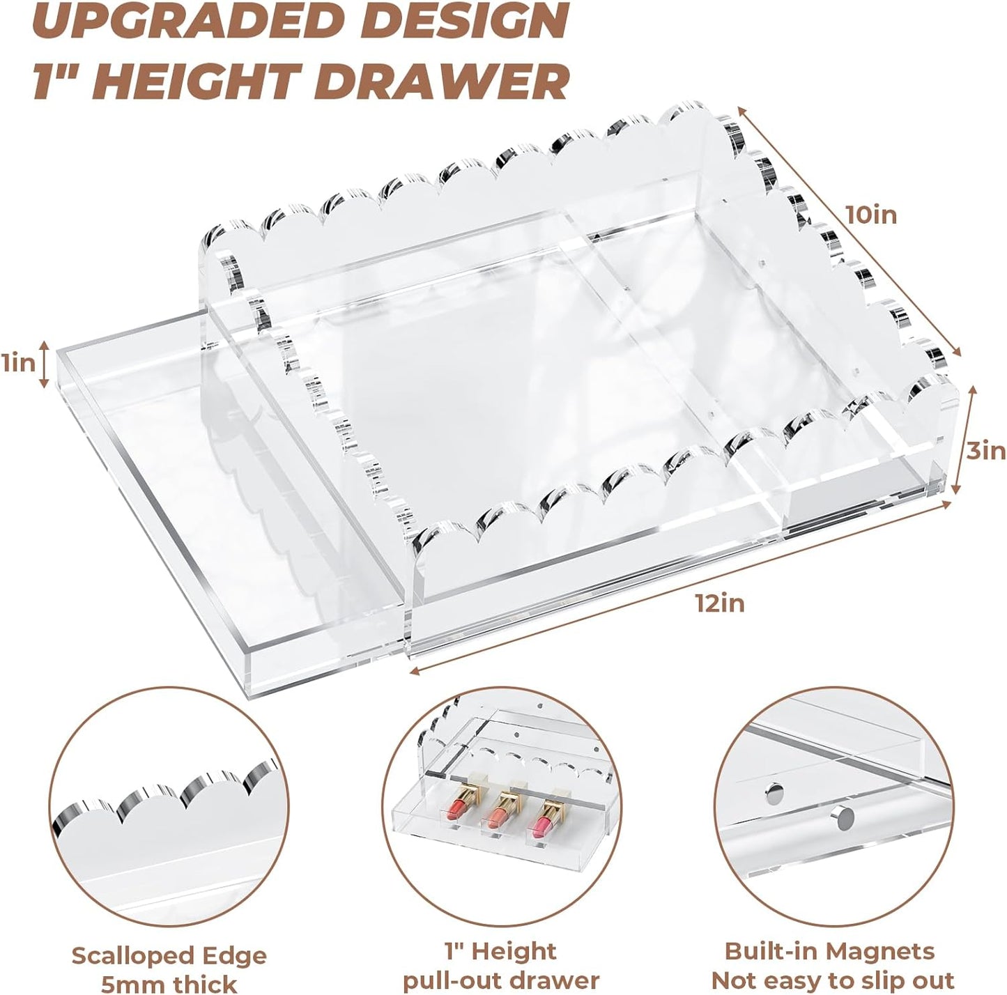 Scalloped Acrylic Tray, 9 x 9 Inch Upgraded 1" Height Insert Drawer Tray for Makeup Bathroom Vanity Organized, Square Clear Display Tray for Photo Needlepoint Decor Acrylic Storage Tray