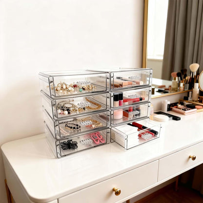 Drawer Organizers, Clear Stackable Storage Boxes for Kitchen Utensils, Office Desk, Bathroom, Makeup & Craft Drawer Organization (Small - 3 Pack)