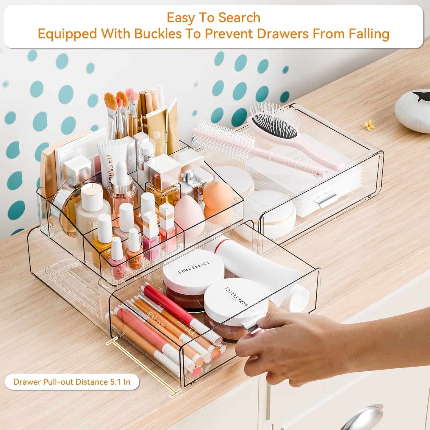 Yieach 3 Tier Clear Acrylic Makeup Organizers with Drawers,Tiered Countertop Make up Storage Organizer for Dresser Top and Bathroom Vanity,Plastic Makeup Stand for Brush,Skincare,Beauty Organizers