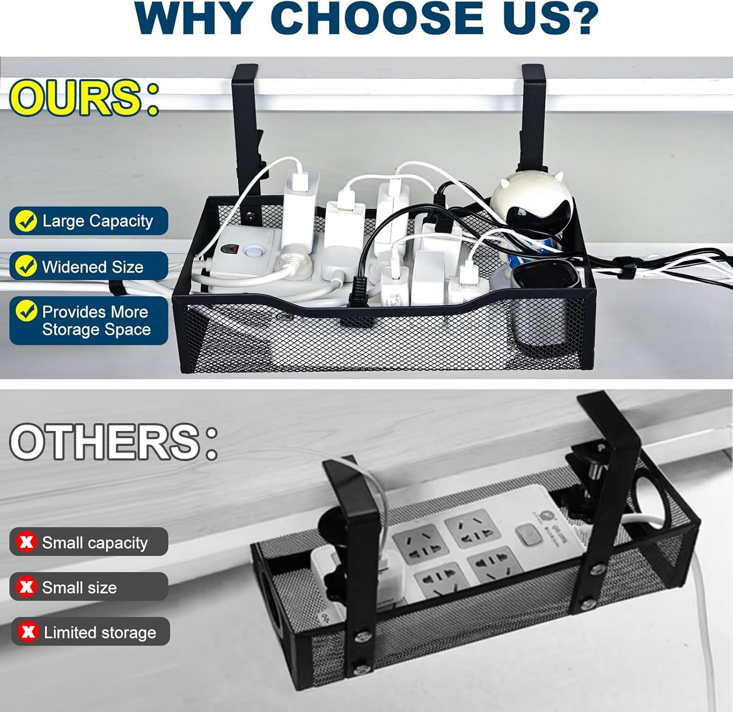 Extra Wide Under Desk Cable Management - No Drill Installation Cable Management Tray, Modern Cord Organizer for Office/Home Desk, Fits Power Strips & Wires((White, XL)