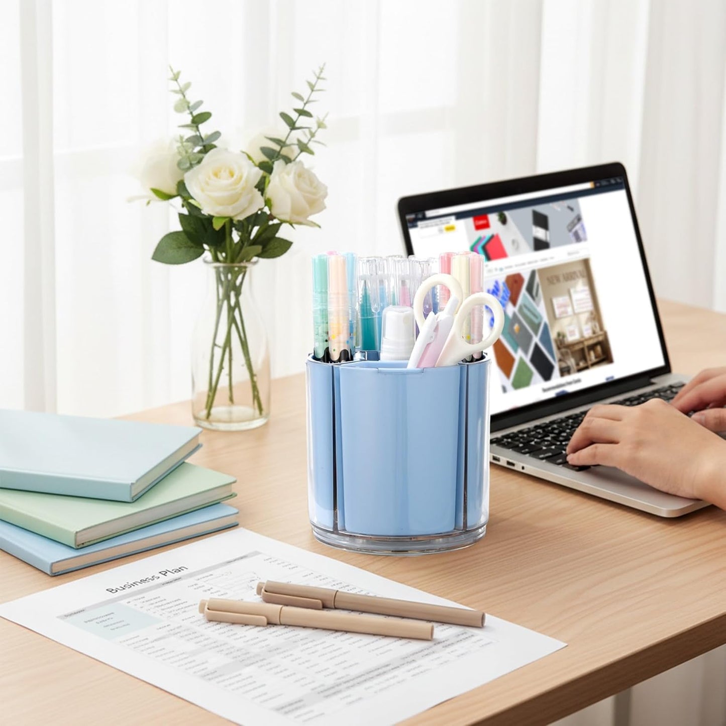 Comix 360° Rotating Pen Holder for Desk, Cute Pencil Holder Pen Organizer, Beige Acrylic Pencil Cup Caddy with 5 Slots for Home School Office Supplies
