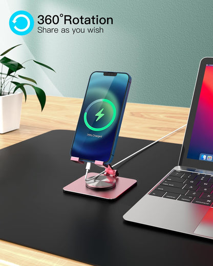 Cell Phone & Tablet Stand for Desk, Aluminum Adjustable Holder for iPhone, iPad & Smartphones || Foldable Mount with 360° Swivel, Stable Base & Portable Design for 4–9.7in Devices, Purple