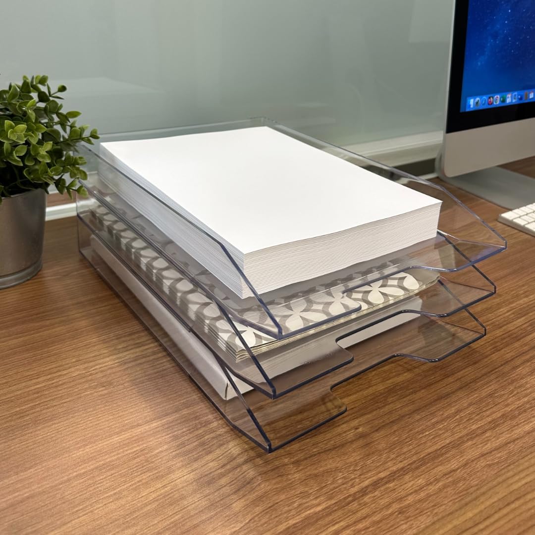 Acrimet 3 Tier Paper Organizer Letter Tray - Plastic Stackable Desk File Organizer, Front Load Paper Sorter Organizer for Letter/A4 Office File Folder Holder - Clear Crystal