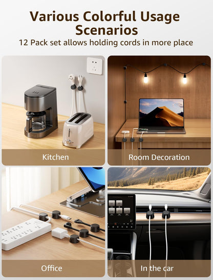 12 Pack Magnetic Cable Clips – [One-Snap Lock] Phone Cord Holder for Desk, Adhesive Magnetic Cord Organiser for Nightstand, Wall, Car – Under Desk Cable Management for Office, Home