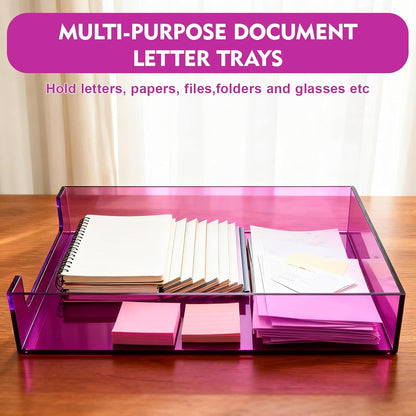 Paper Tray Acrylic File Organizer for Desk Letter Tray Desk Organizer Document Holder Sorter Storage for A4 Office Supplies Magazines, 13.8x10.6x2.4 Inches, Neon Pink