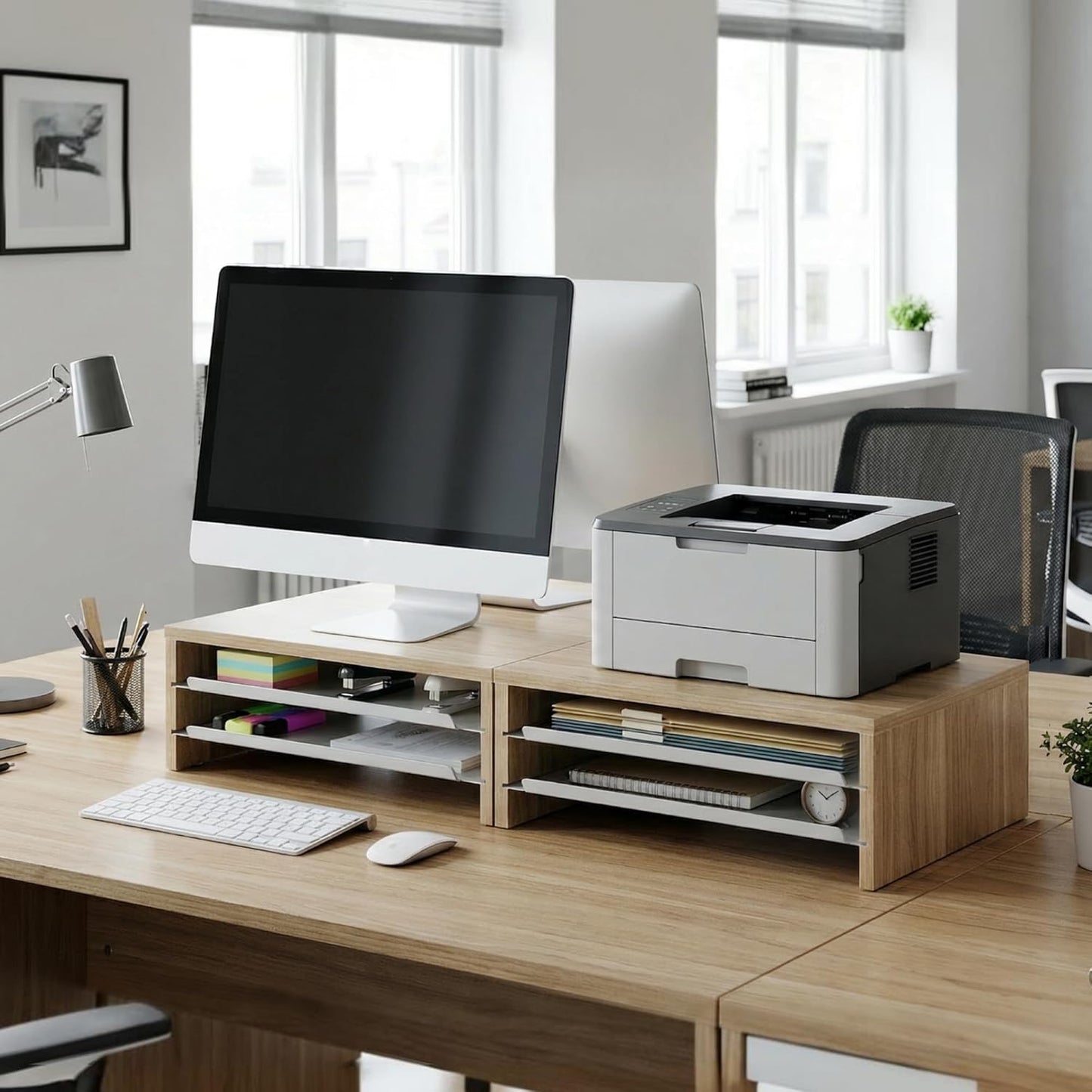 Fenge Monitor Stand, 3-Tier Monitor Riser with Slide-Out Tray, Wooden and Metal Desktop Organizer for Home Office, Computer, Laptop, Printer, Telephone