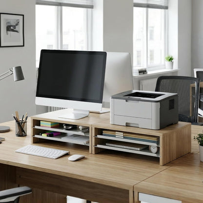Fenge Monitor Stand, 3-Tier Monitor Riser with Slide-Out Tray, Wooden and Metal Desktop Organizer for Home Office, Computer, Laptop, Printer, Telephone