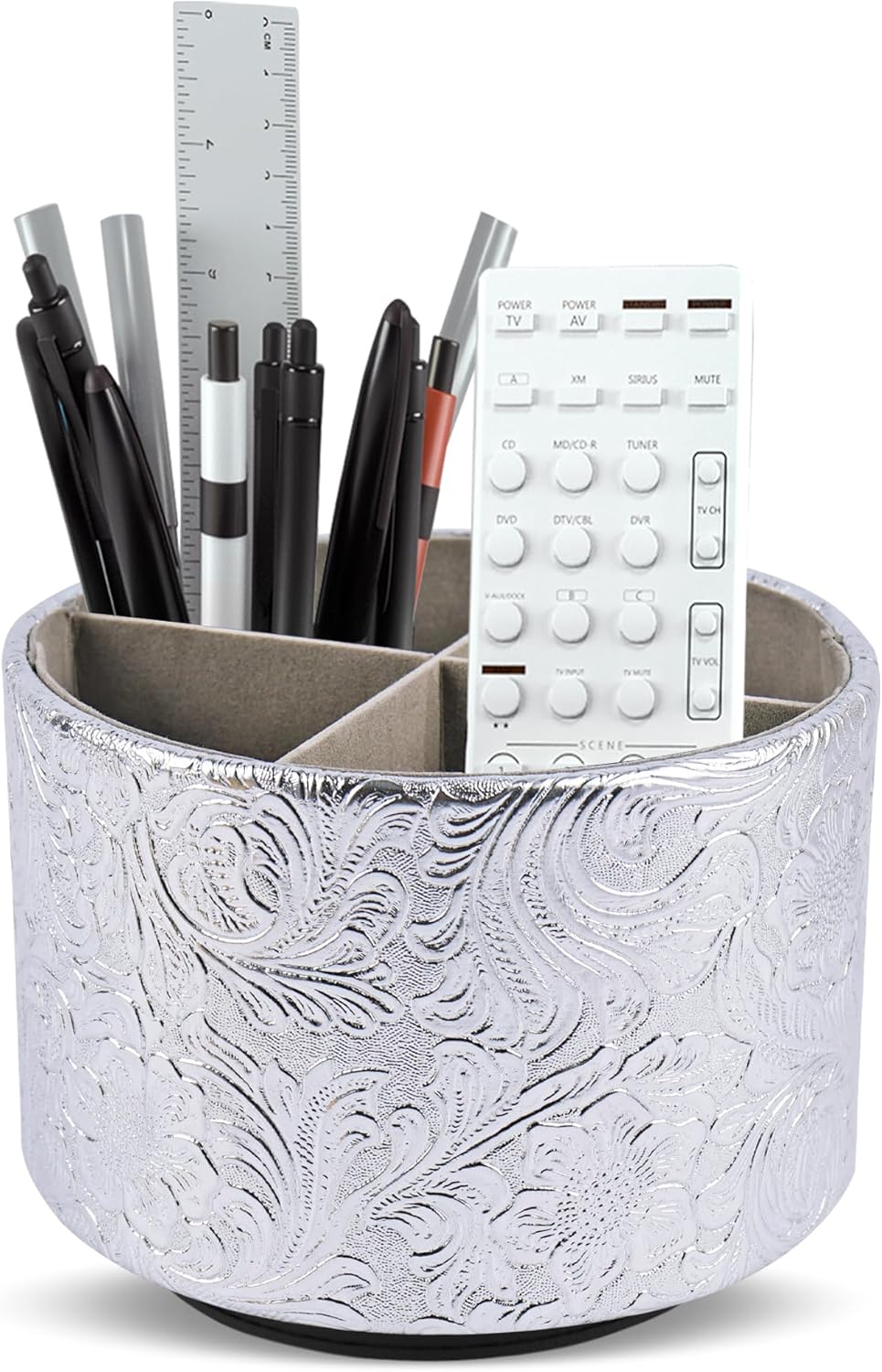 lizimandu Round Leather Art Supply Organizer,Remote Control Holder,360 Degree Spinning,Multi-Functional Pencil Holder,4 Compartments Desktop Stationary Organizer(1-Gold) - Colors A
