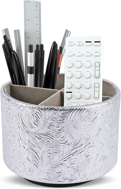 lizimandu Round Leather Art Supply Organizer,Remote Control Holder,360 Degree Spinning,Multi-Functional Pencil Holder,4 Compartments Desktop Stationary Organizer(1-Gold) - Colors A