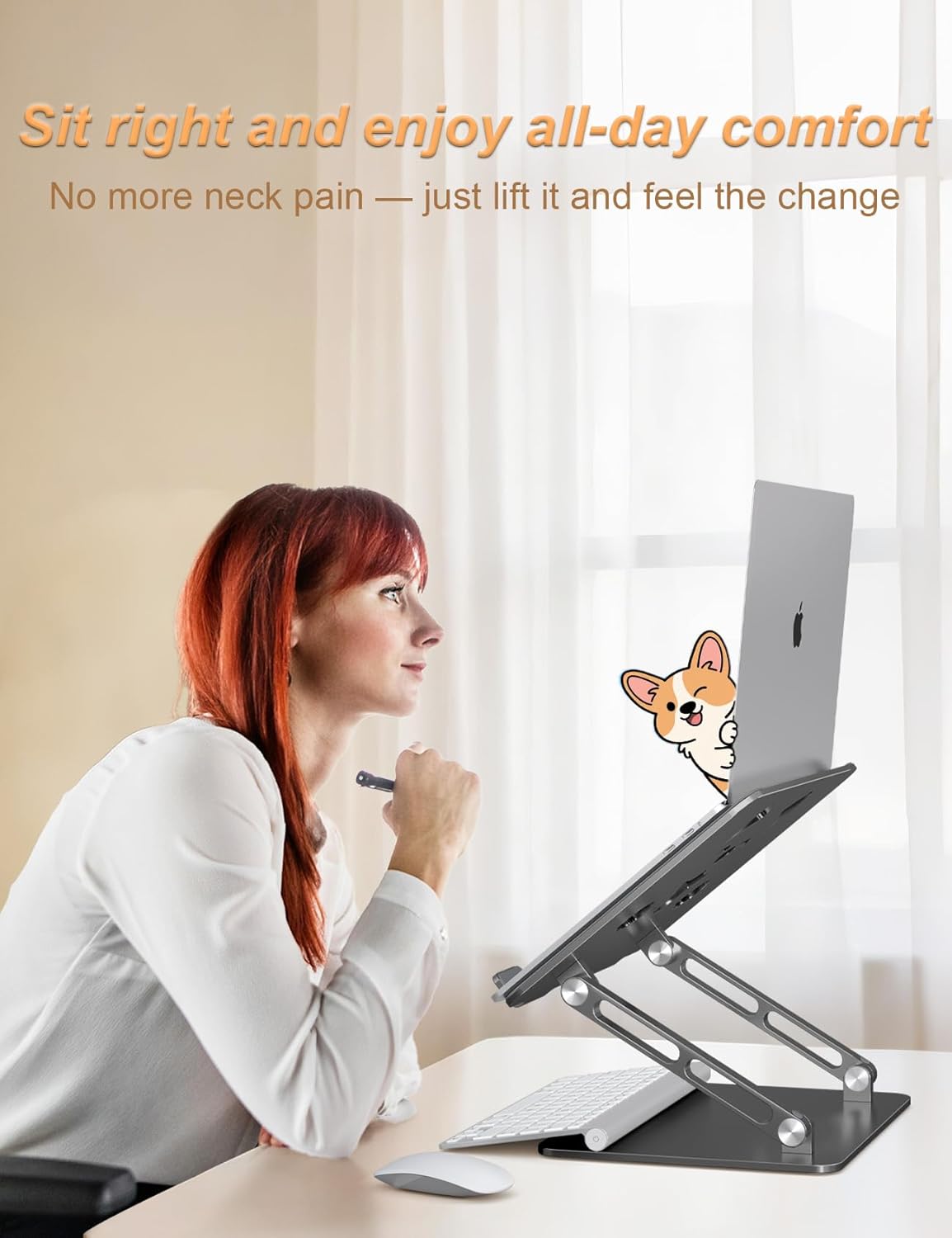 Aoviho Laptop Stand for Desk-Adjustable, Foldable, Portable, Ergonomic Aluminum Notebook Riser with Unique Puppy Cooling Vent, Desk Gift for 10"-17.3" Devices Mac, Dell, HP, Lenovo, Samsung, Gray
