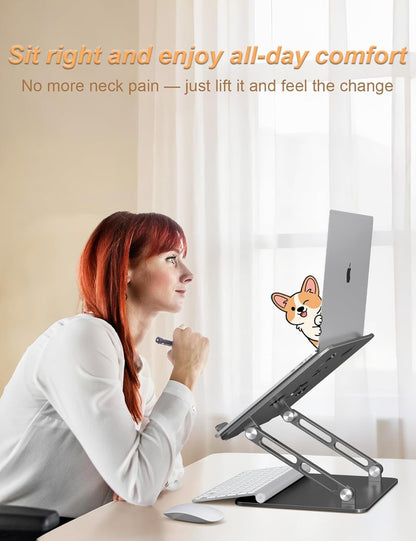 Aoviho Laptop Stand for Desk-Adjustable, Foldable, Portable, Ergonomic Aluminum Notebook Riser with Unique Puppy Cooling Vent, Desk Gift for 10"-17.3" Devices Mac, Dell, HP, Lenovo, Samsung, Gray