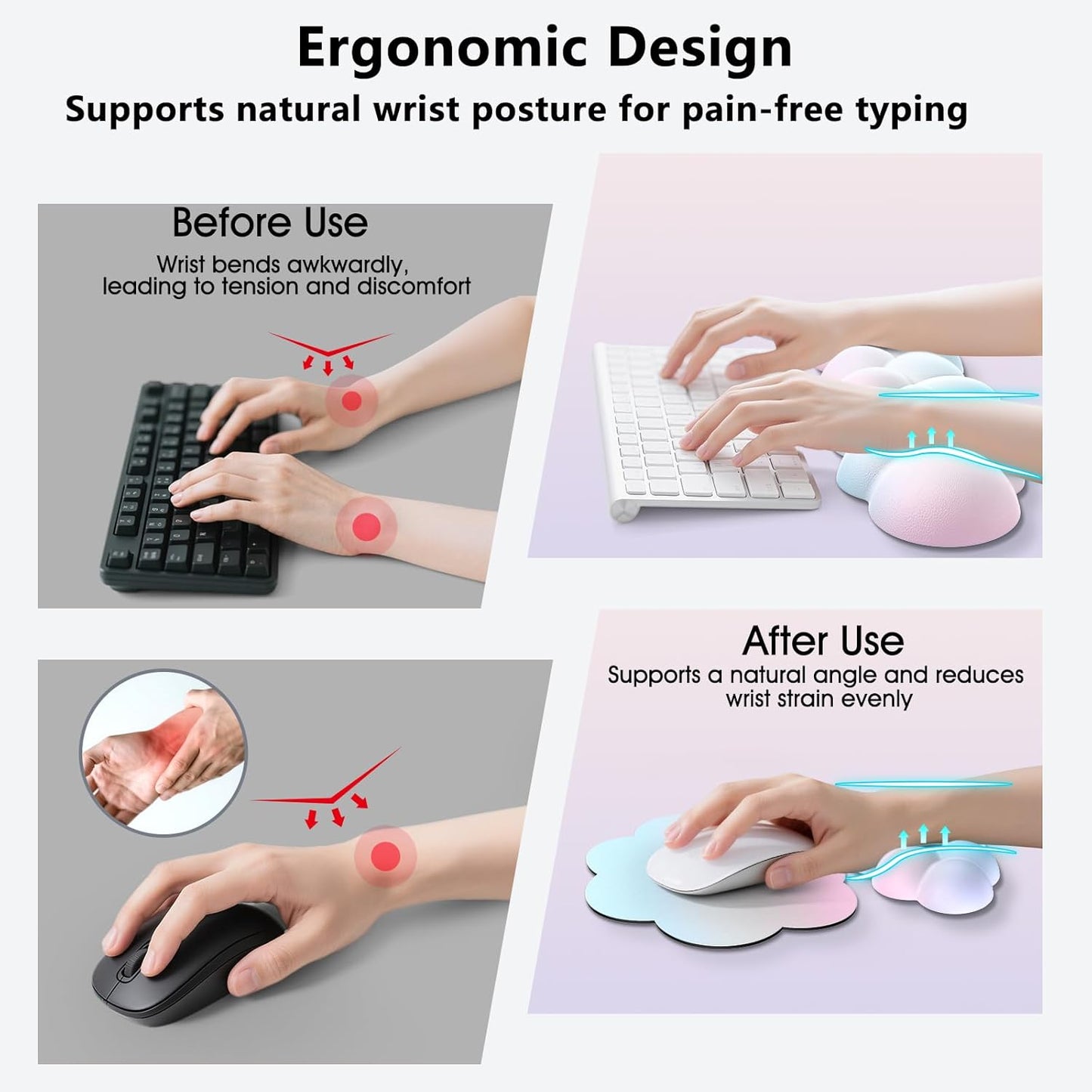 Sushret Cloud Wrist Rest for Computer Keyboard, 4-in-1 Memory Foam Leather Cloud Keyboard Wrist Rest and Mouse Pad Set with Ergonomic Support for Arm and Palm Cushion, Gaming/Work Setup, Rainbow